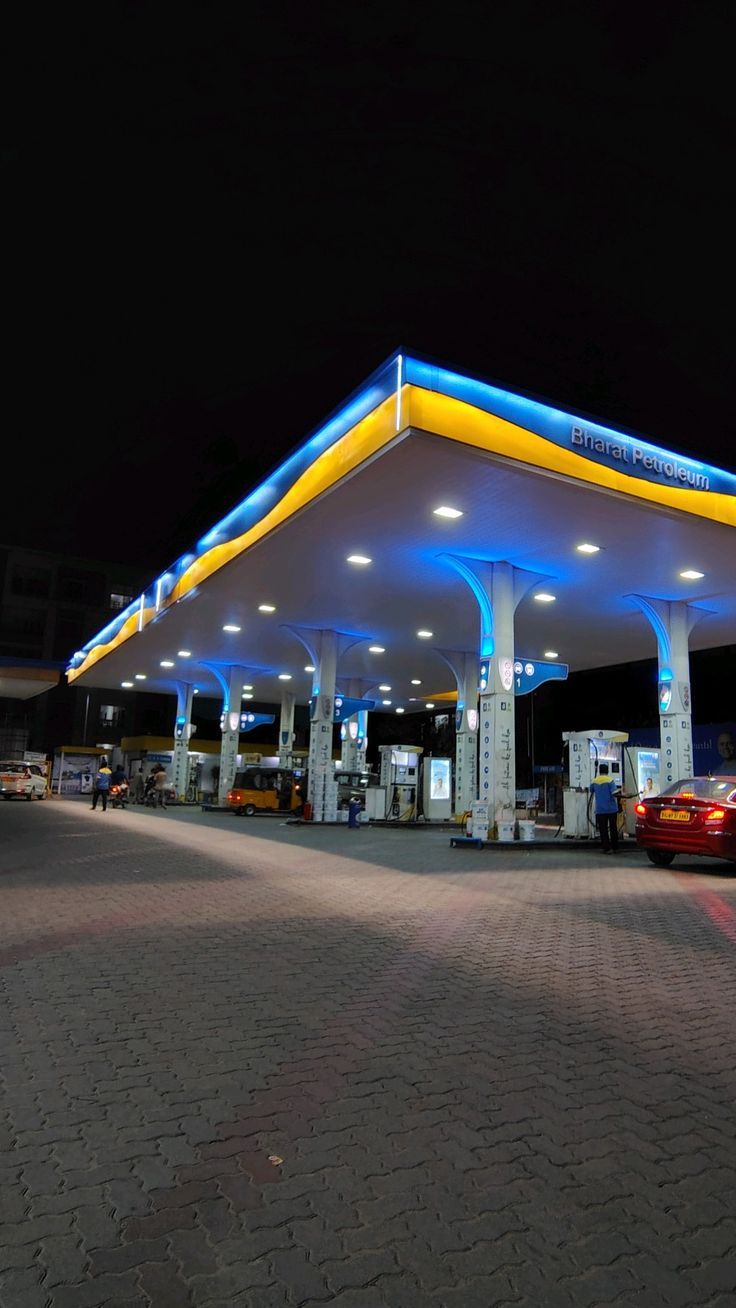 Night view of illuminated petrol pump